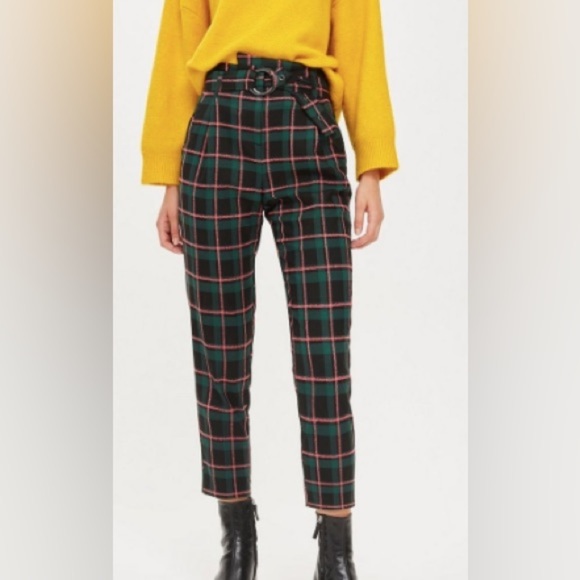 Topshop Plaid Check Paperbag Waist Belted Trouser Size 4 - Picture 2 of 13